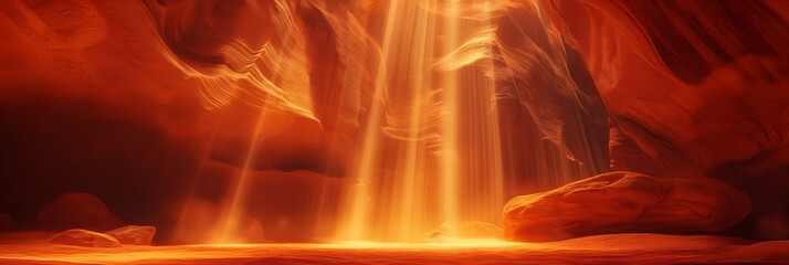 An artistic depiction of a serene cave interior illuminated by warm, radiant beams of sunlight filtering through crevices