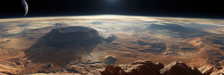 A stunning Martian landscape featuring a sunrise, highlighting the planet's terrain and craters
