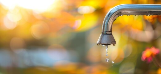  A water drop on the faucet and a blurred natural background, earth day environment protection banner