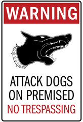 Beware of dog warning sign attack dogs on premises no trespassing