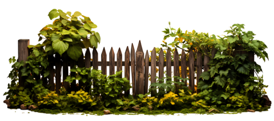Old weathered wooden picket fence covered in foliage, cut out