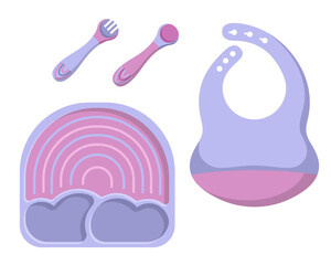 Vector illustration of kid tableware set, colorful children dish in the shape of a rainbow isolated on white background in flat style.