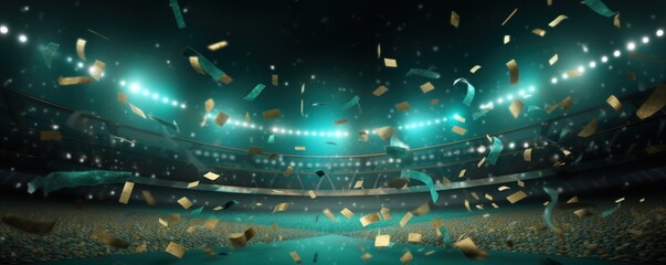Turquoise background, lights and golden confetti on the turquoise background, football stadium with spotlights, banner for sports event