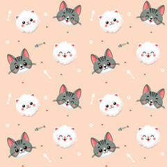 Obraz premium Cute cats pattern with different smile face cat, funny adorable cat or fluffy kitten, doodle pet friend. Vector illustration in flat style for sticker, print.
