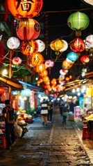Bustling night markets in Taiwan, vibrant colors, exotic flavors, lively