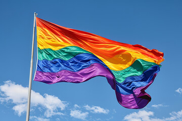 A rainbow LGBT flag flies against a blue sky