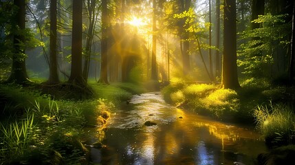 **A tranquil forest glade illuminated by shafts of sunlight filtering through the trees, with a gentle stream babbling in the background - obrazy, fototapety, plakaty