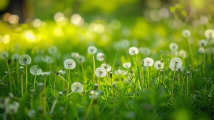 Dandelions growing in the grass, spring time, green background, 
