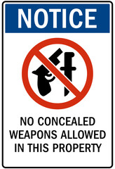 No concealed weapon warning sign no concealed weapon allowed in this property