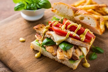 Grilled chicken sandwich with basil, cheese and tomatoes