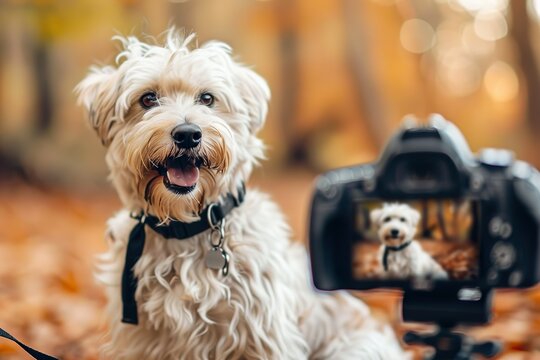 Dog influencer poses for the camera in park, with its image previewed on the screen, demonstrating how pets are the new stars of digital content creation, pet influencer, petfluencer 