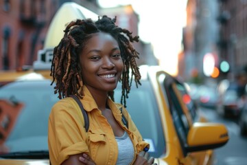 Portrait of an African American female taxi driver next to her taxi