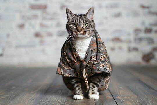 A stylish tabby cat models a patterned cloak, exuding charm against a rustic brick background.
