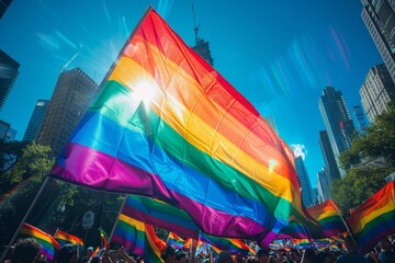 A rainbow LGBT flag flies against a blue sky - obrazy, fototapety, plakaty