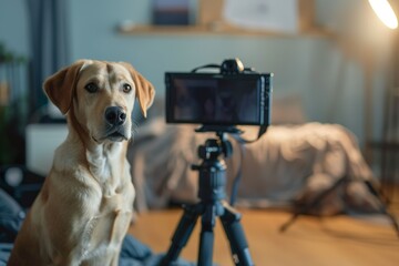  Labrador Retriever takes center stage in front of a  camera, its intelligent gaze adding depth to its role as a pet influencer in a cozy home setting, pet influencer, petfluencer concept