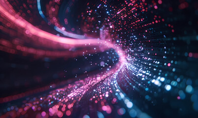 Vibrant abstract background with a swirling tunnel effect made of glowing digital particles