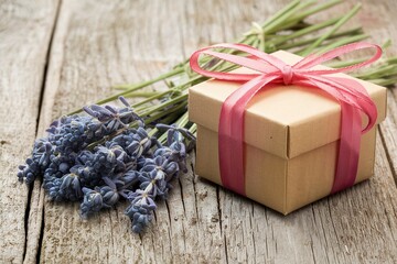 Lavender and gift box on a old wooden background
