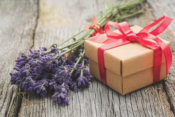 Lavender and gift box on a old wooden background