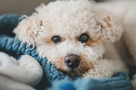 Close-up of a fluffy white poodle lying on a knitted blue blanket, with expressive eyes conveying comfort and serenity.