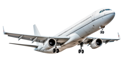 Taking off airplane isolated on a white or transparent background. Close-up of a white airplane, side view. Concept of vacation, traveling abroad. Graphic design element.