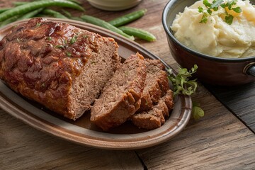 Meatloaf with mashed potatoes and green beans, traditional dinner meal