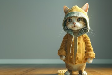 Cat with human-like posture dressed in a yellow  hoodie and hat, pondering against a green  background.
