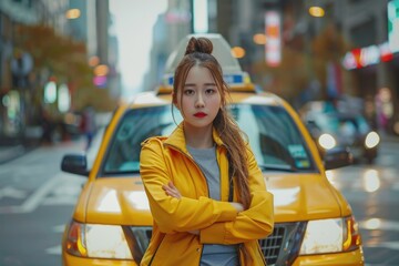 Portrait of an Asian female taxi driver next to her taxi