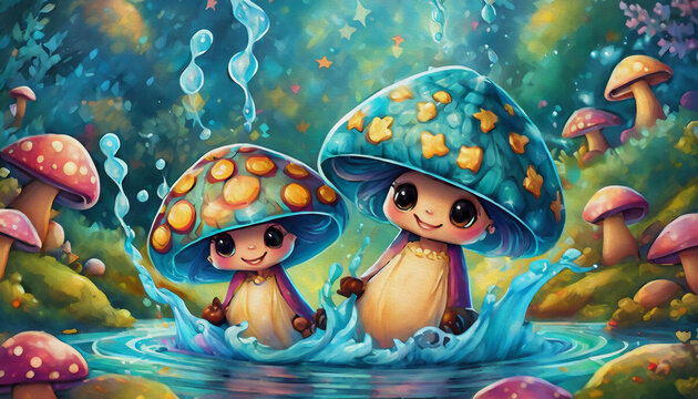 oil painting style cartoon character cute mushrooms in water splash