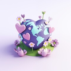 A Playful 3D Illustration of Earth Embellished with Hearts and Flowers Representing Environmental Love and Care