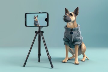 A charming dog models a cozy sweater while filming a vlog, pet influencer, petfluencer 