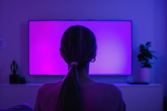 Ui mockup through a shoulder view of a adult woman in front of an smart-tv with an entirely purple screen