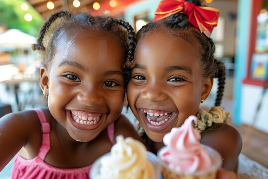 Two little cute black girls in a cafe with ice cream in their hands taking a selfie. Portrait of girls, happiness, childhood, treat, birthday, ice cream cone, celebration, dress, hair clips
