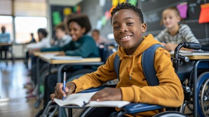 Dedicated student in wheelchair actively participating in learning activities inside a classroom