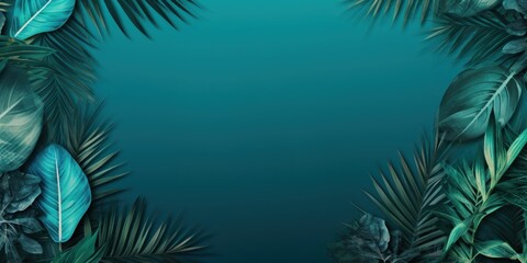 Turquoise frame background, tropical leaves and plants around the turquoise rectangle in the middle of the photo with space for text