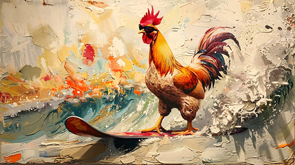 rooster surfing the waves - obrazy, fototapety, plakaty