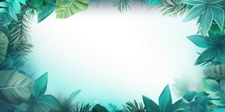 Turquoise frame background, tropical leaves and plants around the turquoise rectangle in the middle of the photo with space for text