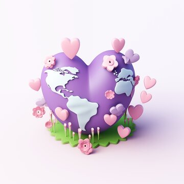 Artistic 3D Illustration of a Purple Heart Shaped World with Decorative Flowers and Floating Hearts