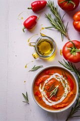 Tomato, red pepper soup, sauce with olive oil, rosemary and smoked paprika