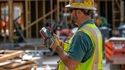Construction site securing tool inventory with fingerprint access, theft prevention, accountable - obrazy, fototapety, plakaty