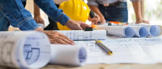 Construction team planning a new project, blueprints spread out, focused, strategic