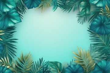 Fototapeta na wymiar Turquoise frame background, tropical leaves and plants around the turquoise rectangle in the middle of the photo with space for text