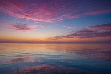 Rucksack sunset with glowing pink and purple horizon on calm ocean seascape background © Angelina