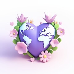 Illustration of a Heart-Shaped World Map Surrounded by Flowers Symbolizing Love and Care for the Earth
