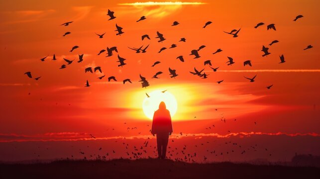 A lone figure against the expanse of the setting sun, finding solace in prayer as they release birds into the wild, a poignant symbol of releasing fears and embracing hope.