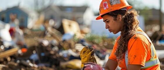 Disaster relief worker amidst chaos, helping hands, heart heavy