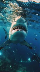 Obraz premium Diving with sharks in South Africa, adrenaline rush, underwater, thrilling