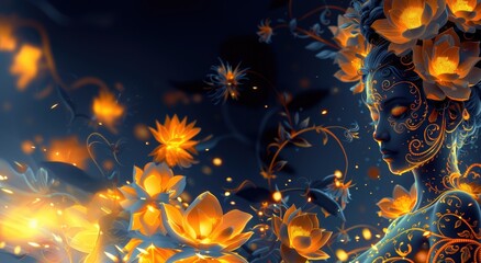 Abstract woman face with blue skin and golden flowers and lights on dark copy space background