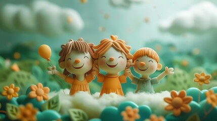 3D cartoon children on a cloud with balloons, drifting over green landscapes, clear sky