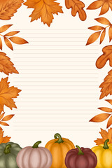 Autumn paper blank lines template with fall season leaves and pumpkin