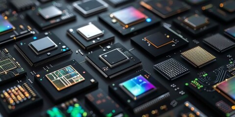 Manufacturing of microchips. Photo of top view of microchips, microcircuits, electronic devices. Contemporary technologies, sci-fi style, electronics, scientific fiction, future developments, flat lay - 785489633